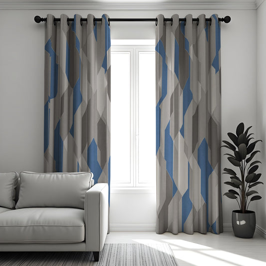 Grey and Blue Geometric Curtains, Minimalist Modern Drapes