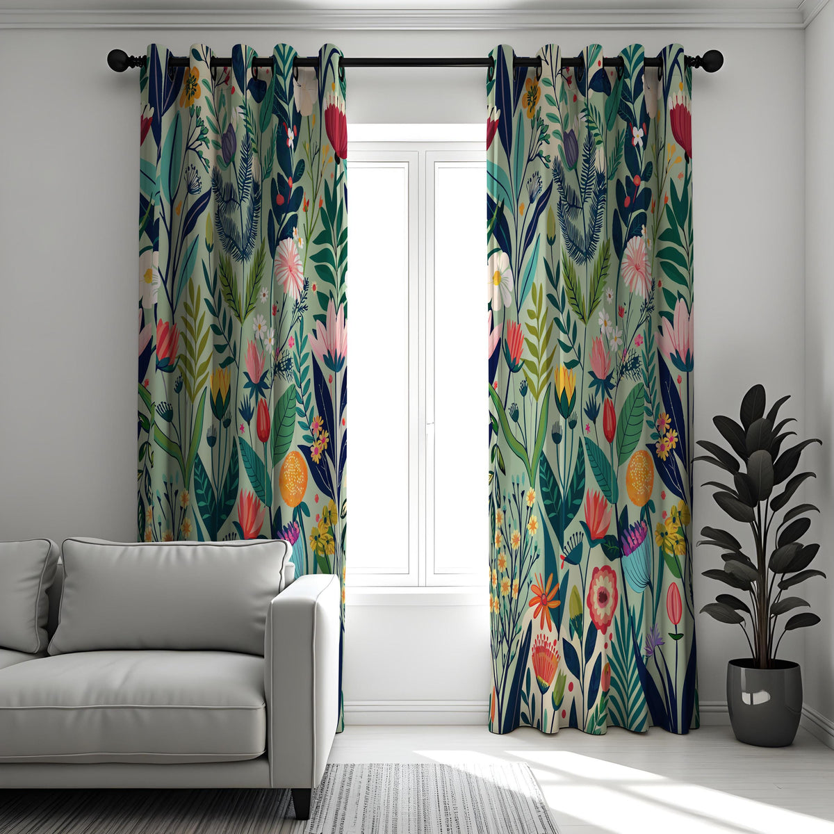 Vibrant Flower & Leaf Curtains, Colorful Botanical Drapes