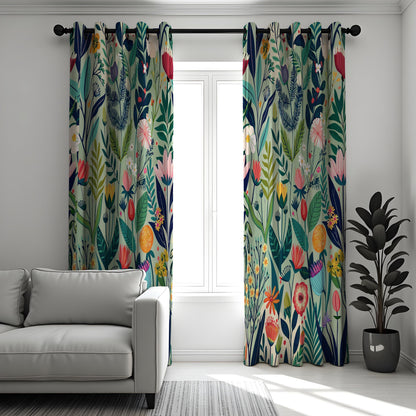 Vibrant Flower & Leaf Curtains, Colorful Botanical Drapes