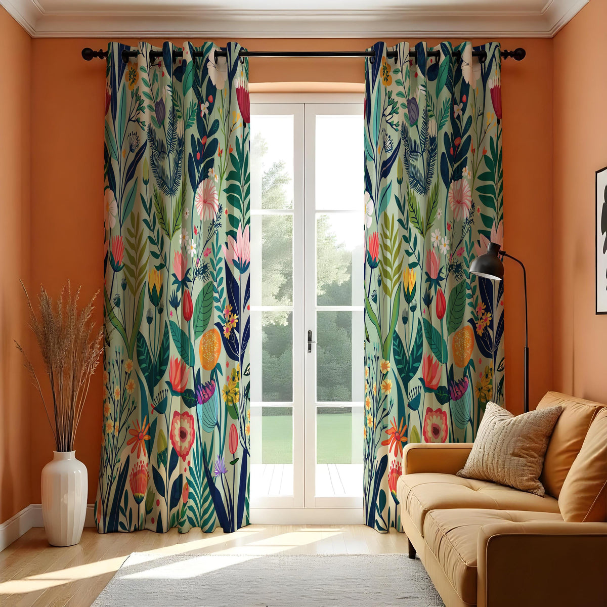 Vibrant Flower & Leaf Curtains, Colorful Botanical Drapes