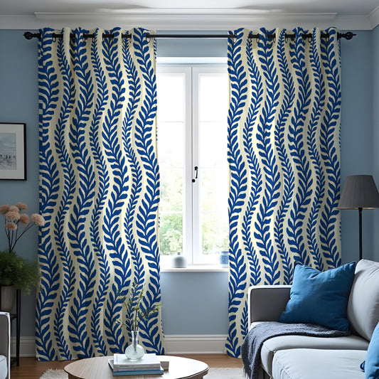 Navy & Cream Leaf Curtains, Nautical Coastal Wave Drapes