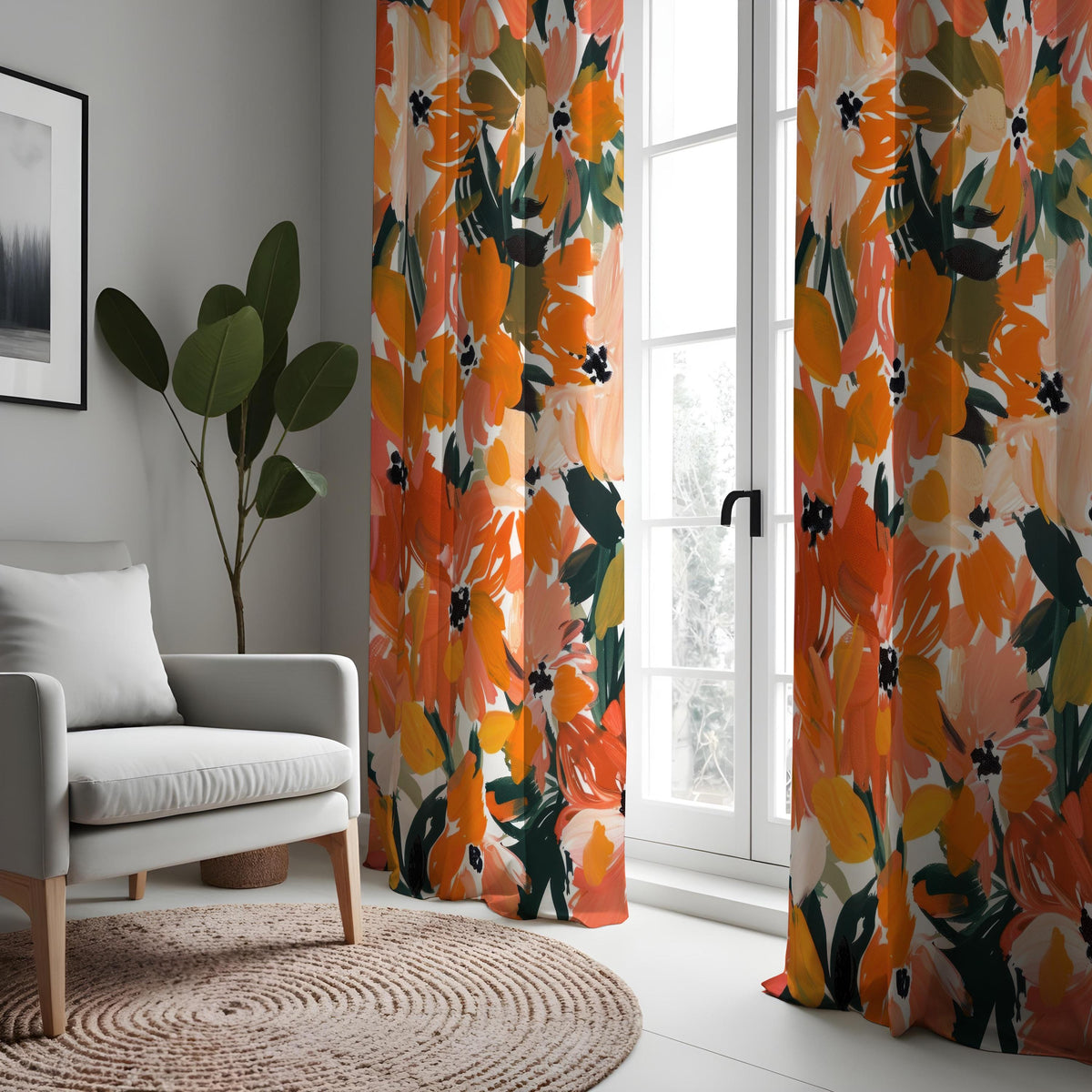 Orange Abstract Floral Curtains, Painterly Botanical Drapes