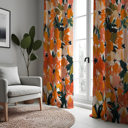 Orange Abstract Floral Curtains, Painterly Botanical Drapes