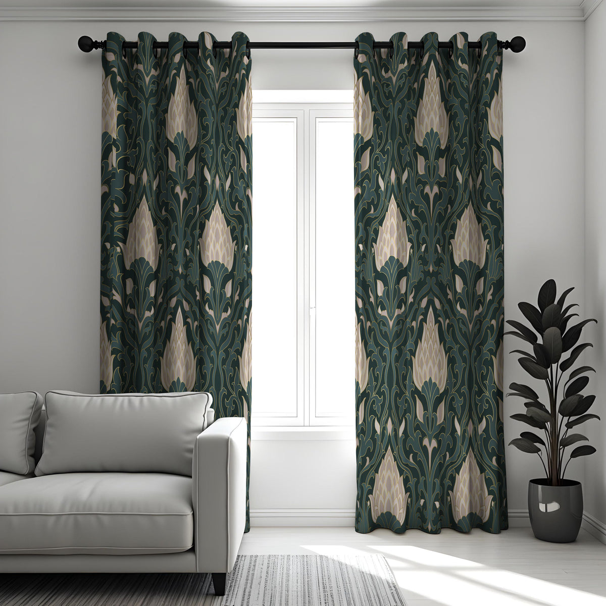 Dark Green Art Deco Curtains, Cream Floral Botanical Drapes