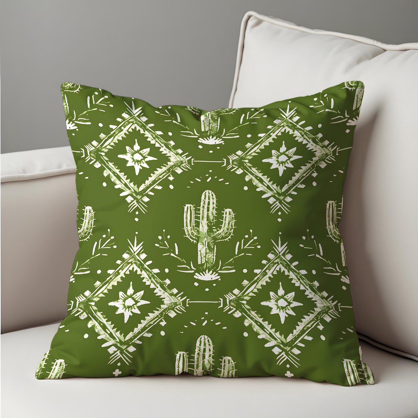 Green Southwestern Cushion Cover, Cactus and Tribal Print Pillow Case