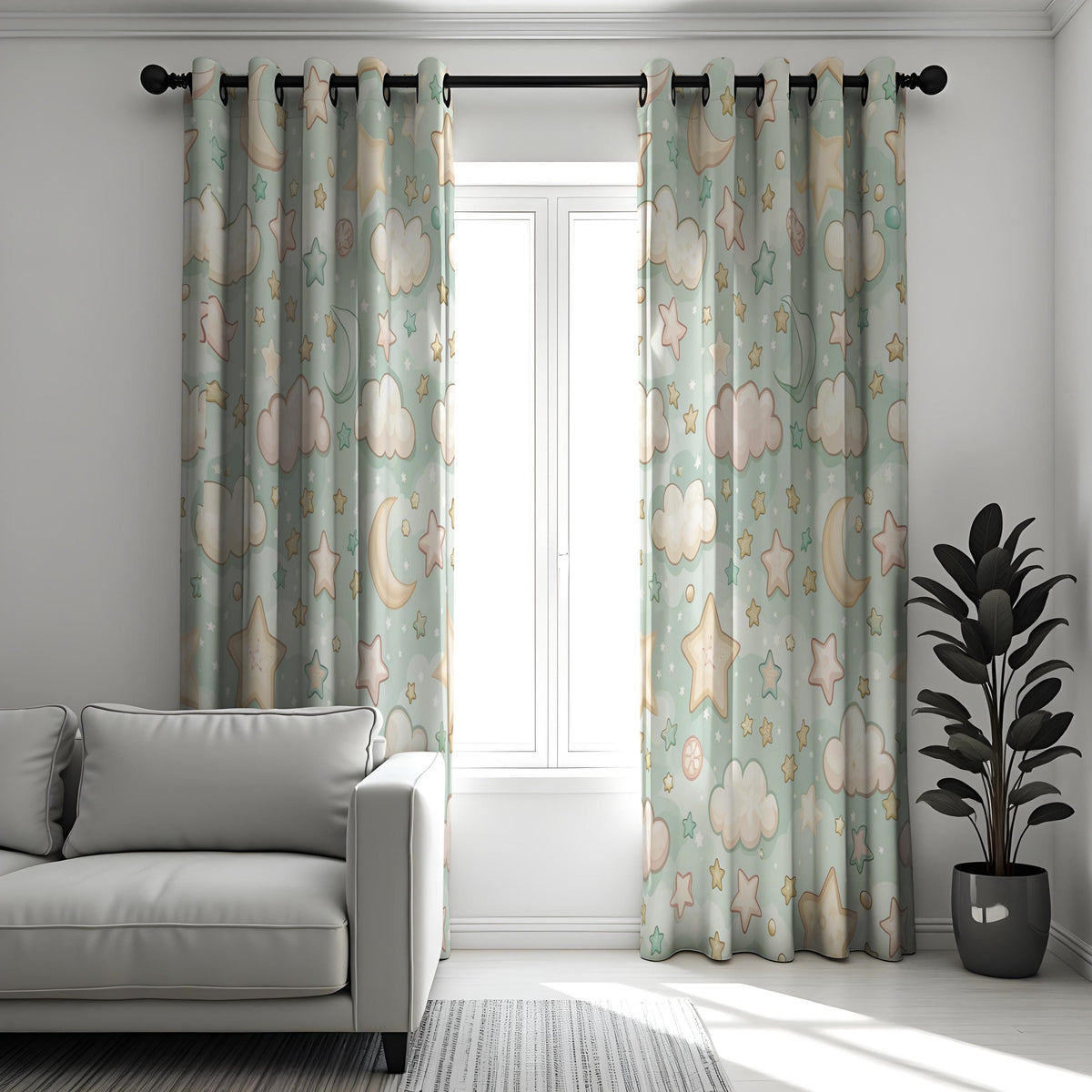 Moon and Stars Nursery Curtains, Cloud Print Kids Drapes