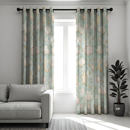 Moon and Stars Nursery Curtains, Cloud Print Kids Drapes