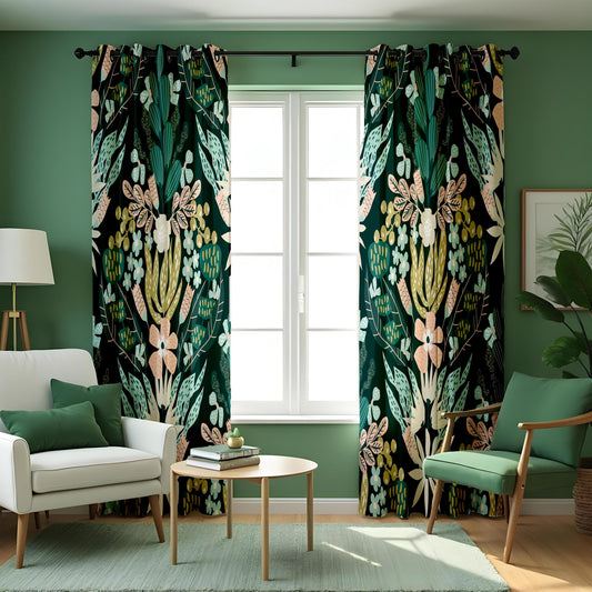 Teal Green Tropical Curtains, Jungle Leaf & Floral Drapes