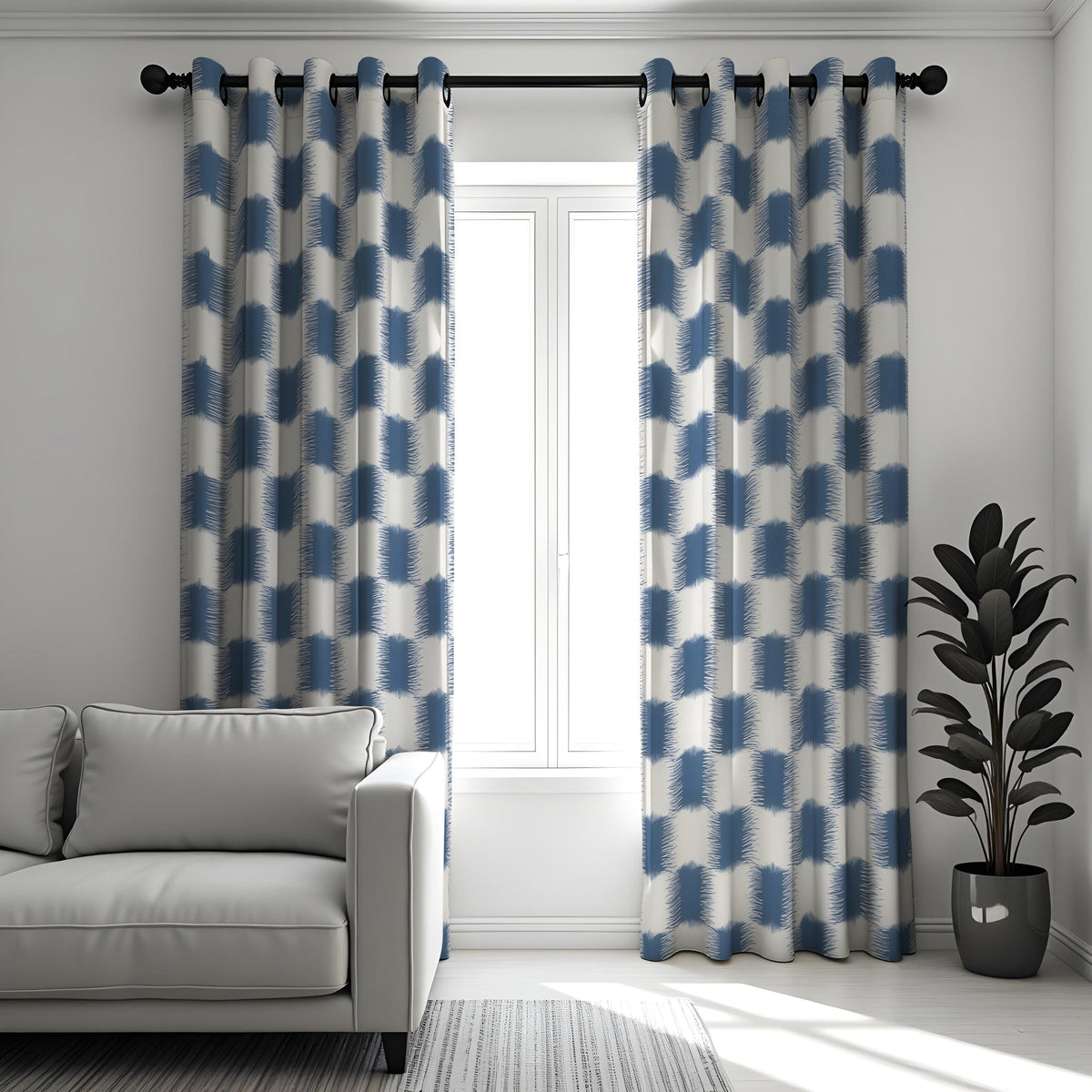 Blue Geometric Check Curtains, Modern Custom Window Drapes