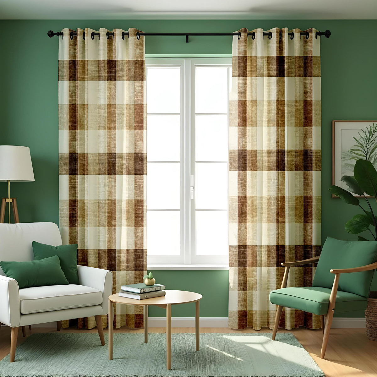 Brown Check Plaid Curtains, Rustic Farmhouse Window Drapes