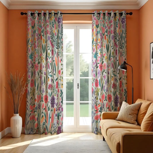 Colorful Garden Floral Curtains, Vibrant Eyelet Drapes