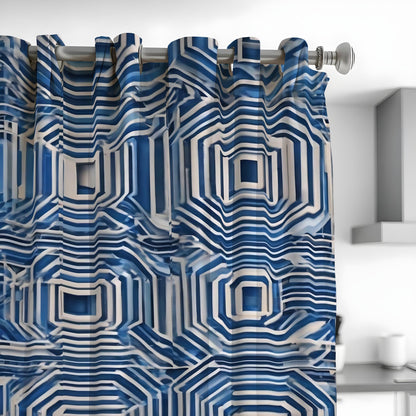 Blue Optical Illusion Curtains, 3D Maze Geometric Drapes