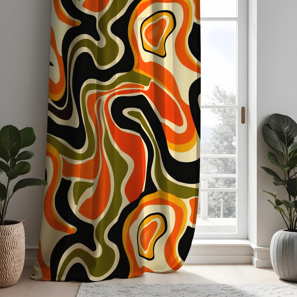 70s Retro Psychedelic Swirl Curtains, Orange Olive Drapes