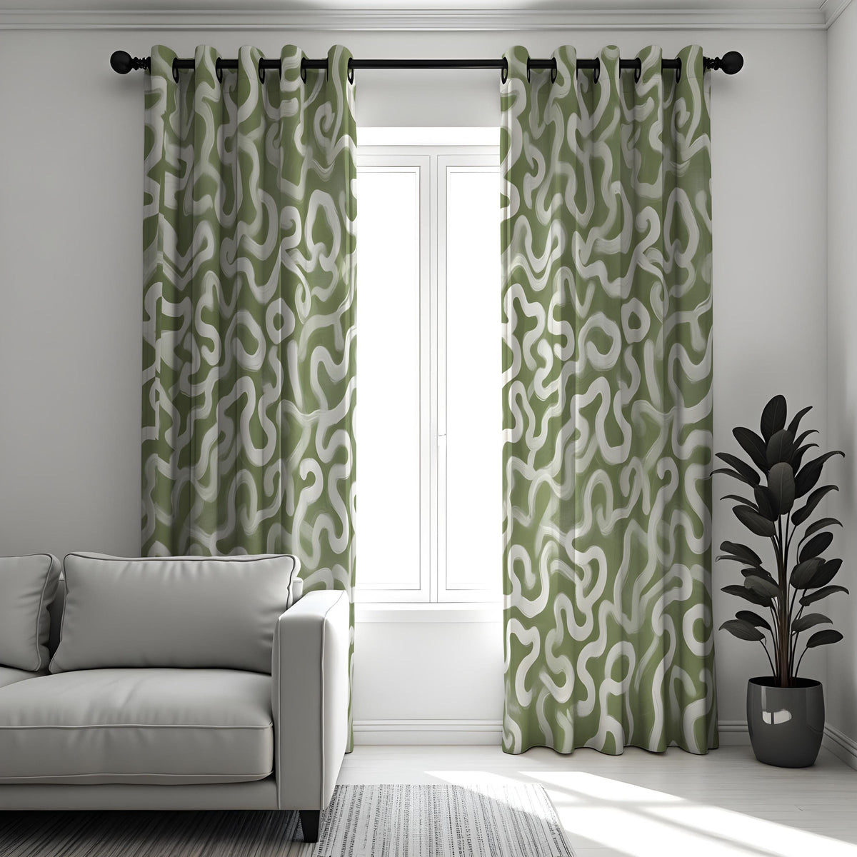 Olive Green Wavy Curtains, Organic Abstract Pattern Drapes