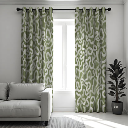 Olive Green Wavy Curtains, Organic Abstract Pattern Drapes