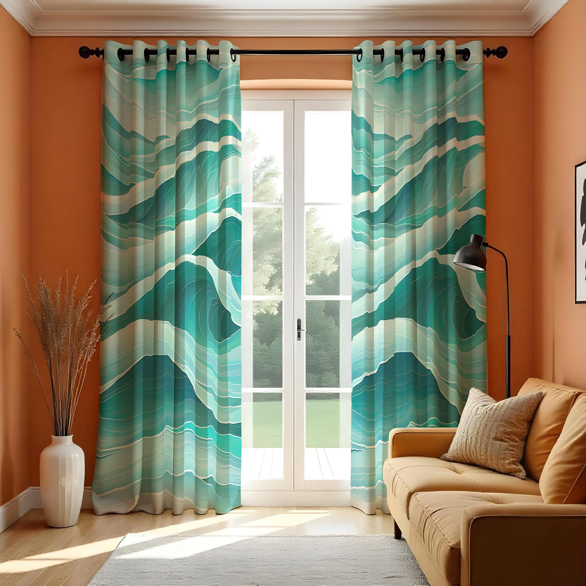 Teal Ocean Wave Curtains, Aqua Blue Coastal Abstract Drapes