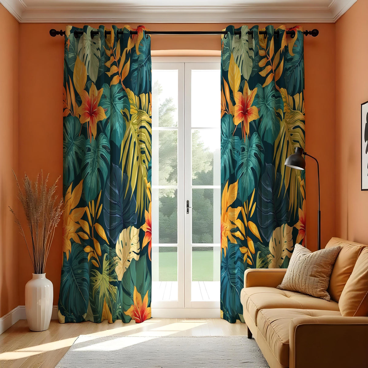 Dark Jungle Monstera Palm Curtains, Tropical Leaf Drapes