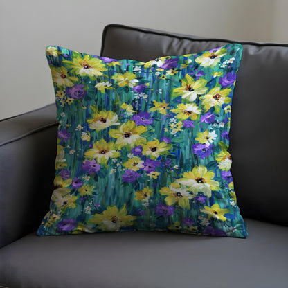 Yellow Blue Floral Cushion Cover, Botanical Pillow Case