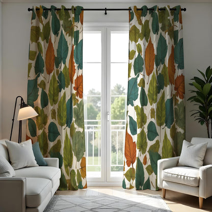 Green & Orange Autumn Leaf Curtains, Botanical Drapes