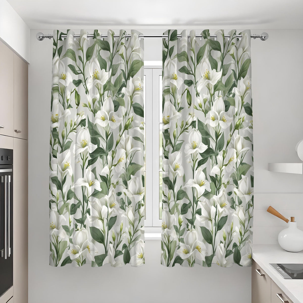 Calla Lily Curtains, White Floral & Green Leaf Drapes