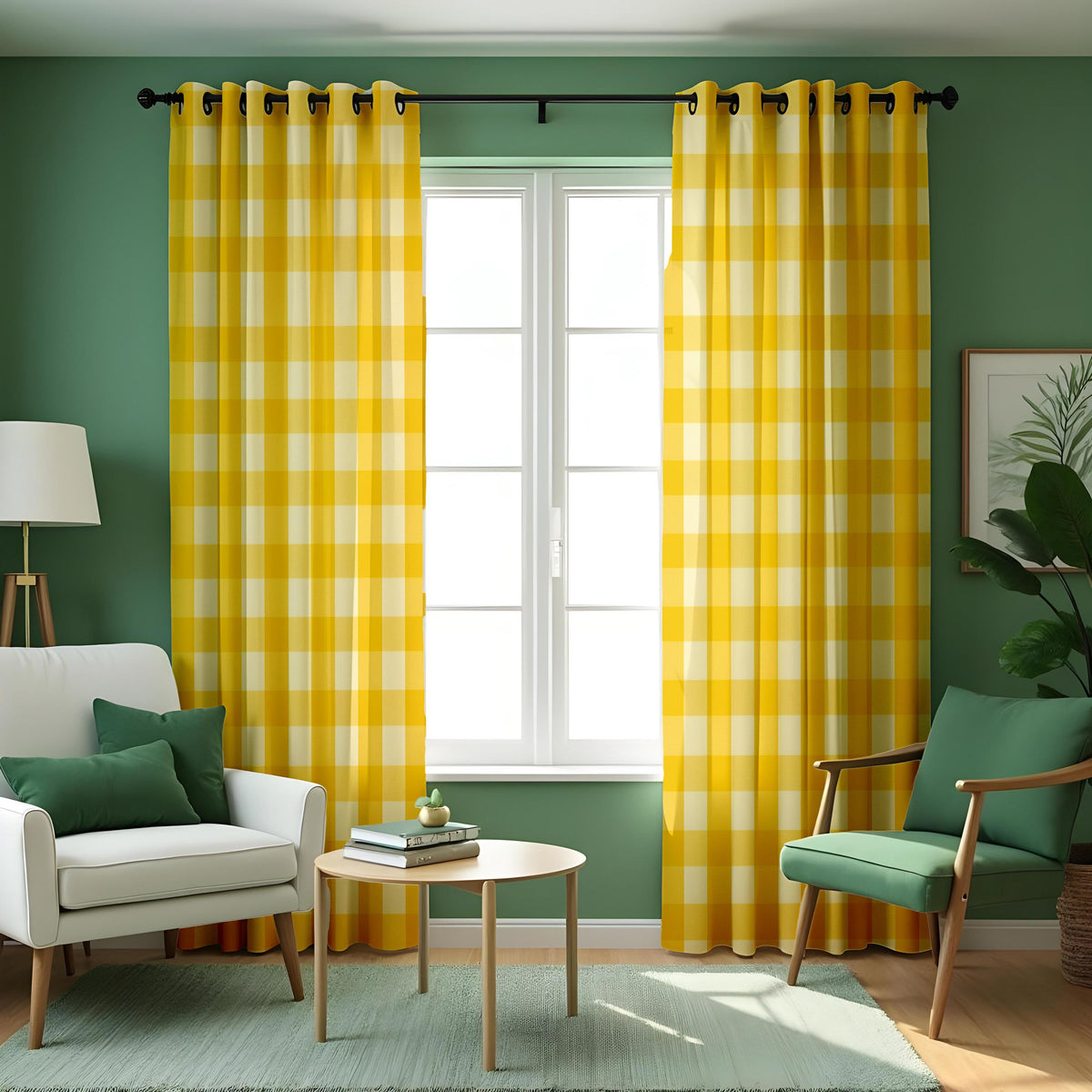Yellow Gingham Check Curtains, Farmhouse Kitchen Drapes