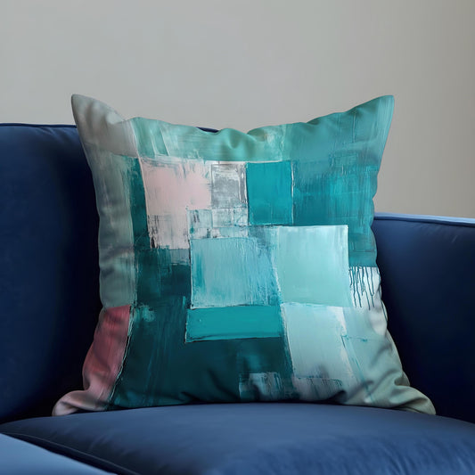 Teal Abstract Blocks Cushion Cover, Modern Textured Throw Pillow Cover
