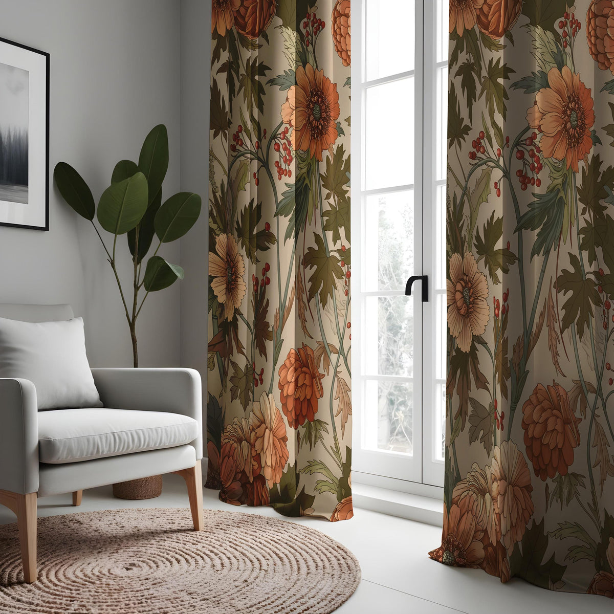 Autumn Orange Floral Curtains, Vintage Botanical Drapes