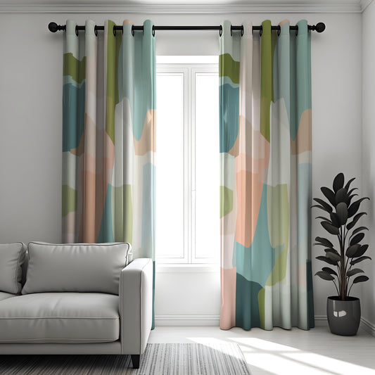 Green & Peach Color Block Curtains, Mid Century Drapes