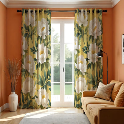Yellow Floral Curtains, Large White Flower Botanical Drapes