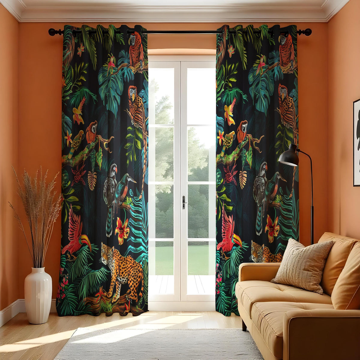 Leopard & Parrot Jungle Curtains, Tropical Animal Drapes