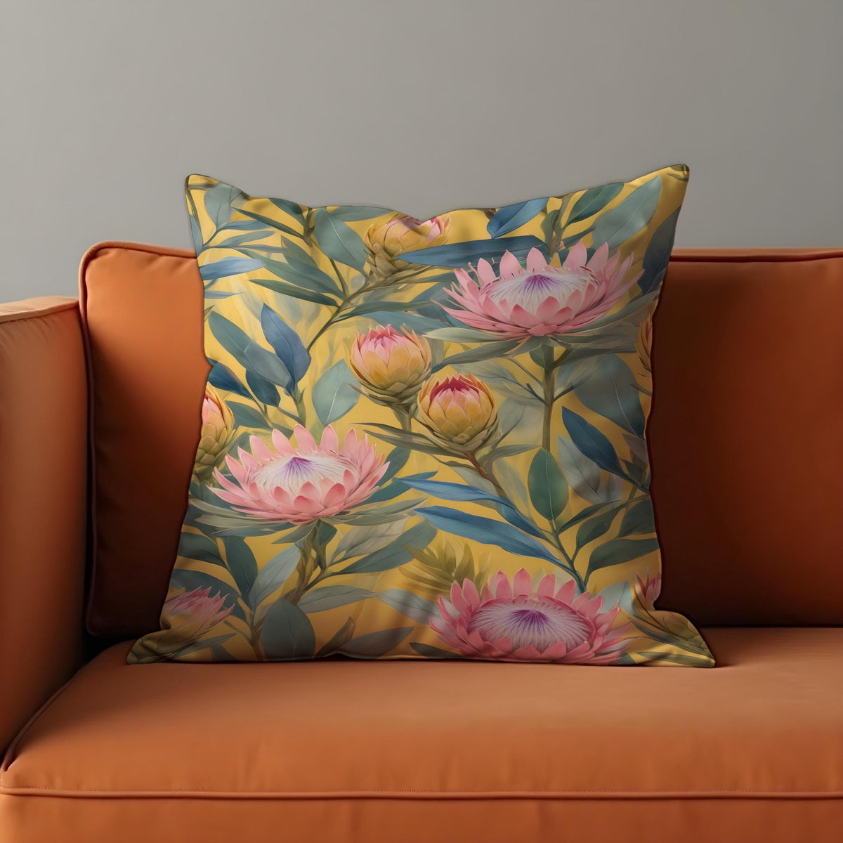 Yellow Floral Cushion Cover, Pink Protea Pillow Case
