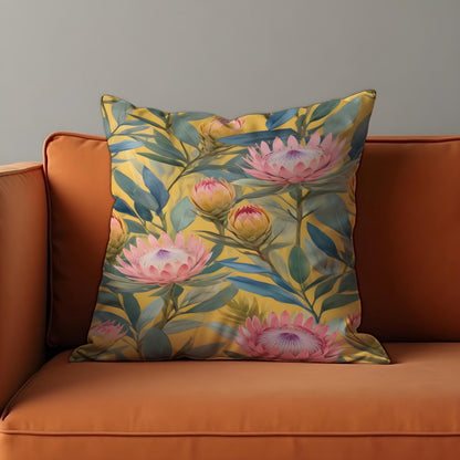 Yellow Floral Cushion Cover, Pink Protea Pillow Case