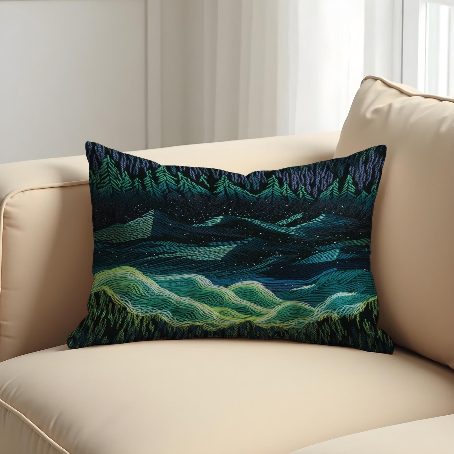 Northern Lights Cushion Cover, Dark Forest Mountain Night Pillow Case