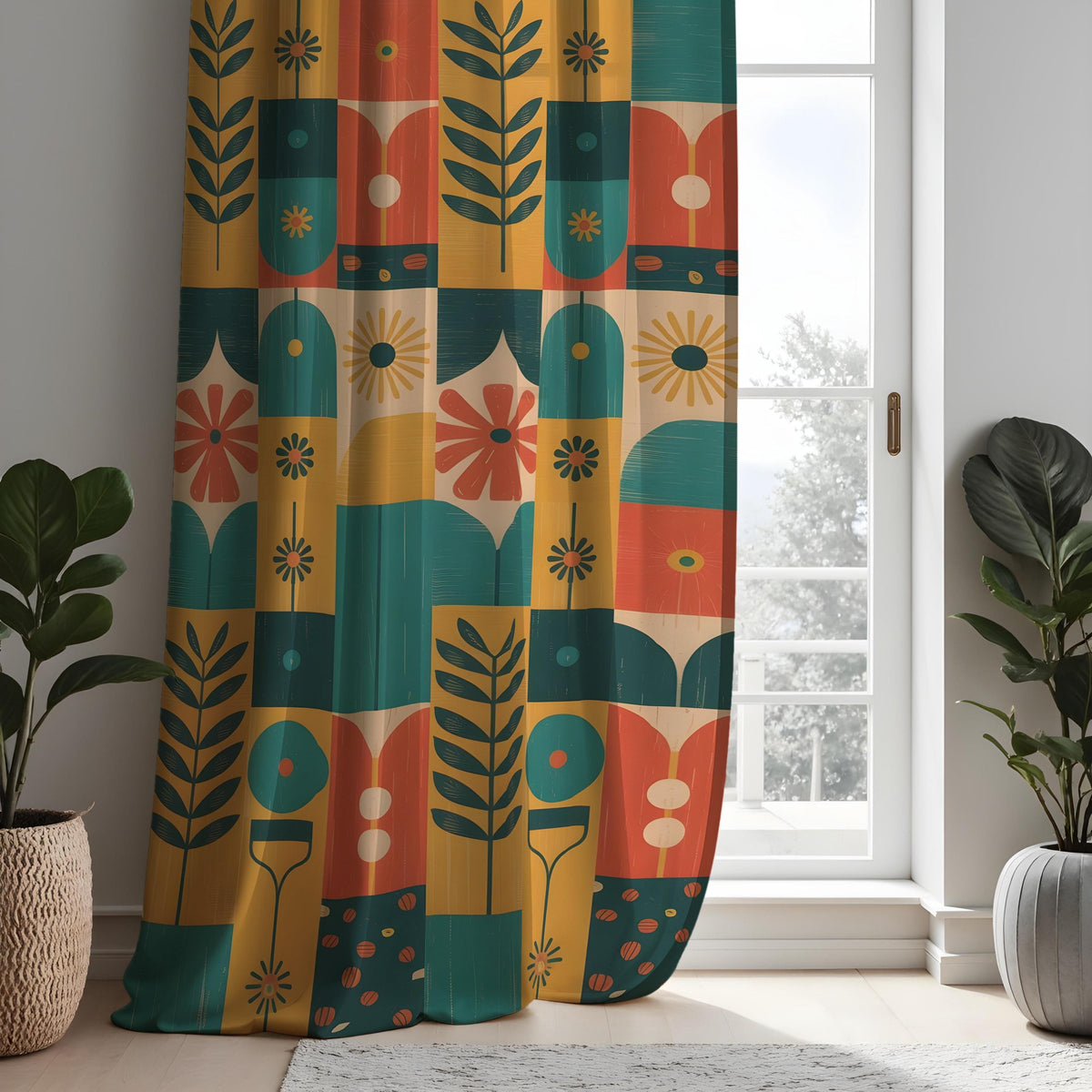 Teal Mustard Orange Mid Century Floral Curtains, Retro Drapes