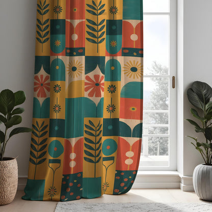 Teal Mustard Orange Mid Century Floral Curtains, Retro Drapes