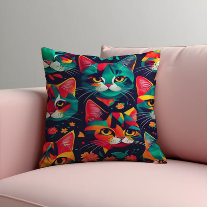 Colorful Cat Cushion Cover, Bold Abstract Kitty Faces Pillow Case
