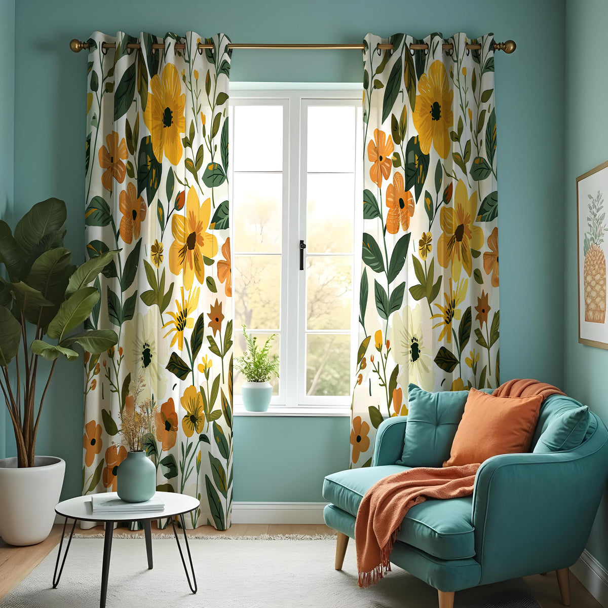 Yellow Floral Print Curtains, Summer Botanical Drapes