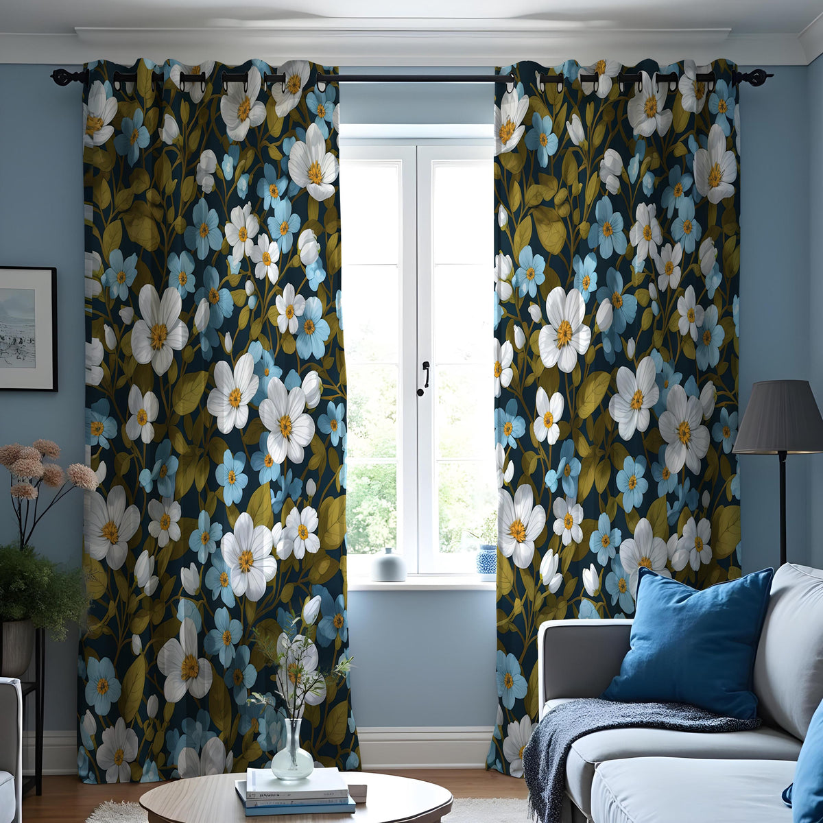 Dark Floral Curtains, White & Blue Flower Farmhouse Drapes