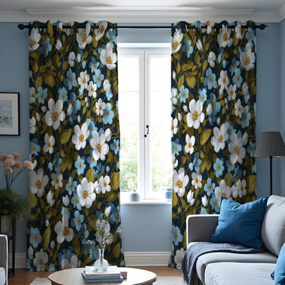 Dark Floral Curtains, White & Blue Flower Farmhouse Drapes