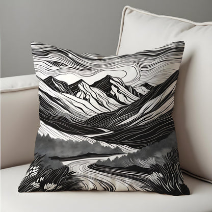 Black & White Mountain Cushion Cover, Monochrome Landscape Pillow Cover