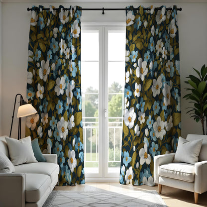 Dark Floral Curtains, White & Blue Flower Farmhouse Drapes