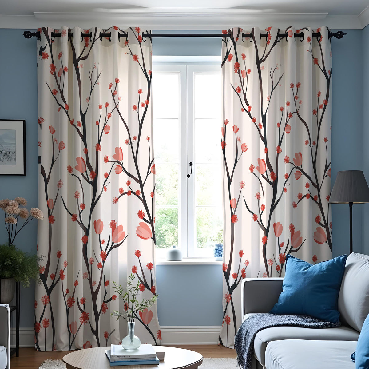 Bird and Branch Curtains, Beige & Red Botanical Tree Drapes