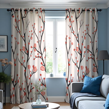 Bird and Branch Curtains, Beige & Red Botanical Tree Drapes