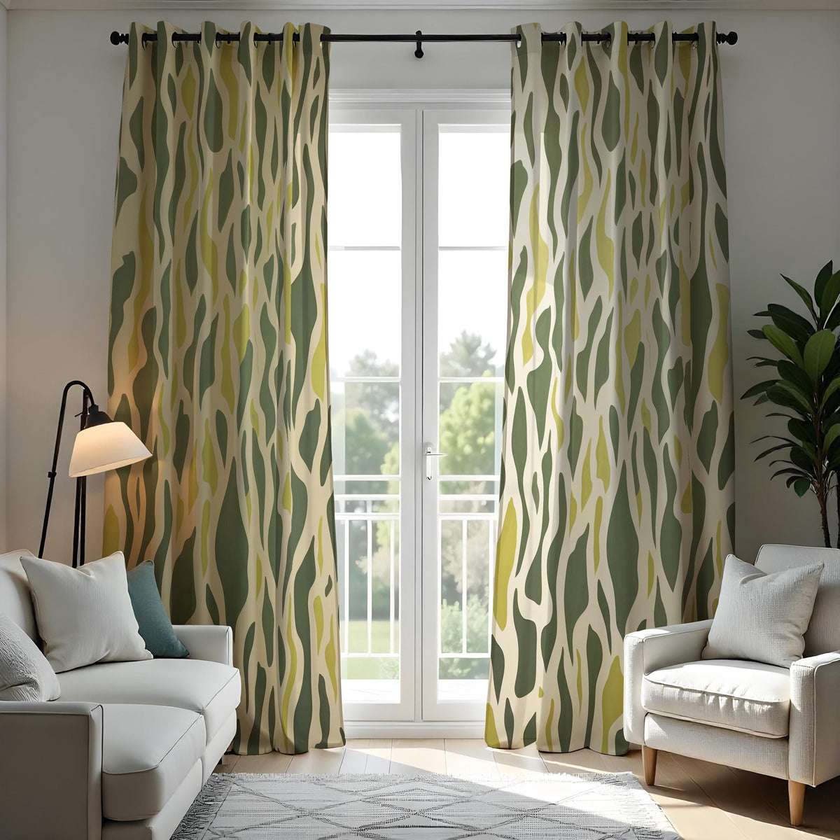 Green Abstract Wave Curtains, Retro Organic Wavy Drapes