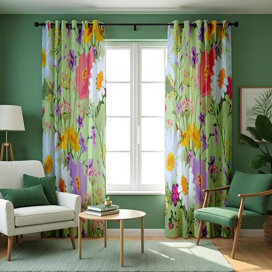 Green Wildflower Floral Curtains, Made to Measure Drapes