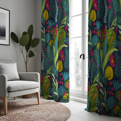 Teal Tropical Botanical Curtains, Jungle Leaf Floral Drapes