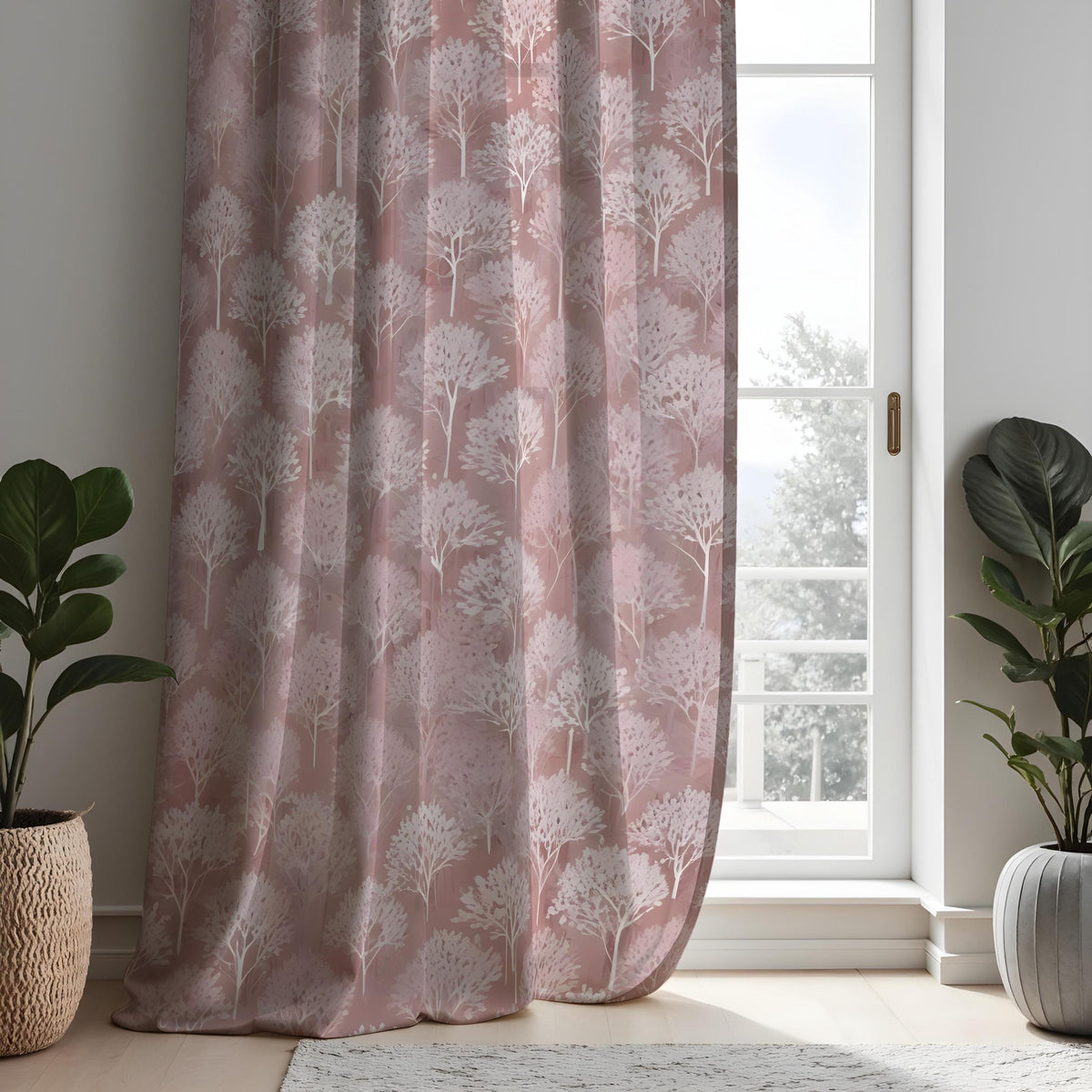 Dusty Rose Tree Curtains, Pink Woodland Silhouette Drapes
