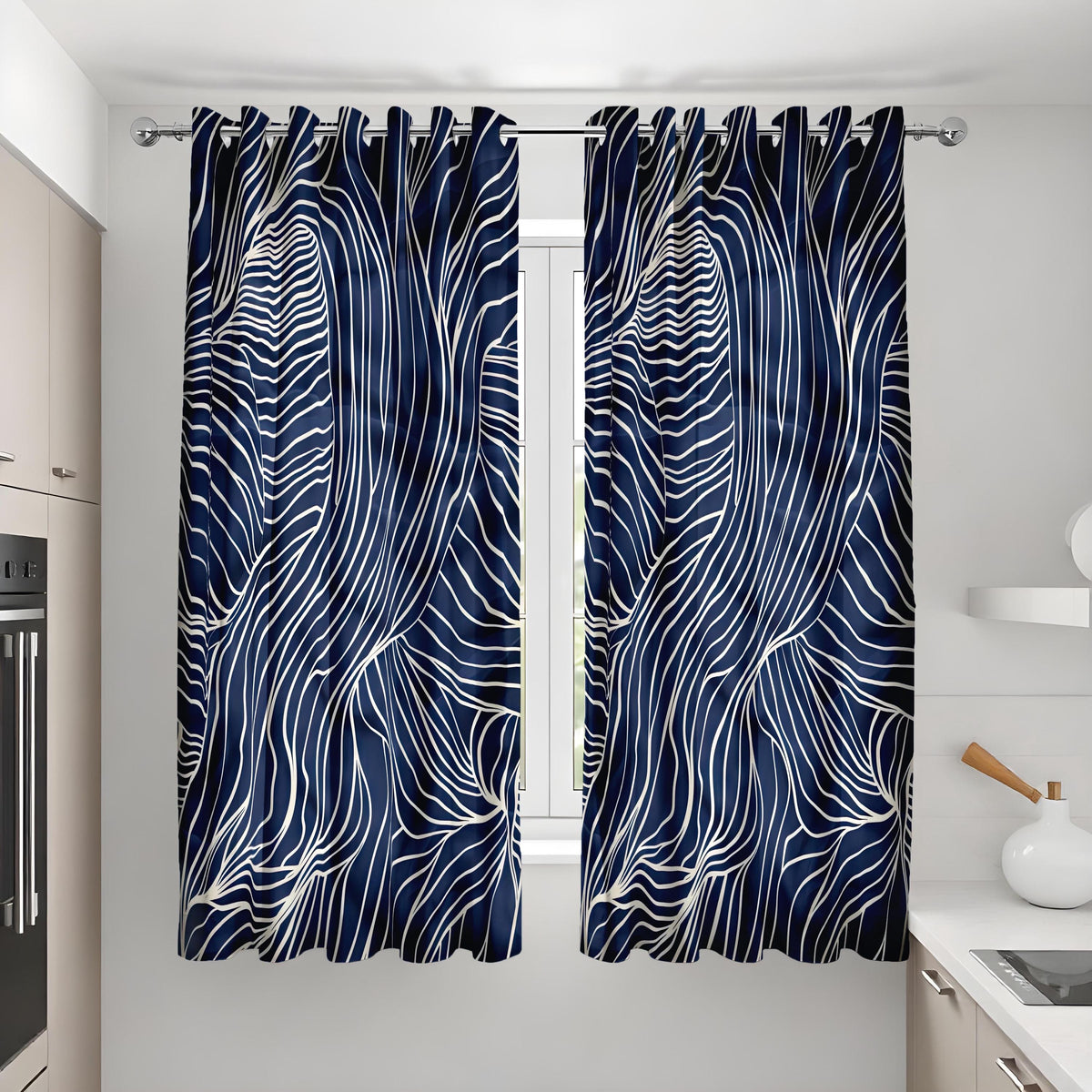 Navy Blue Wavy Line Curtains, Minimalist Abstract Drapes