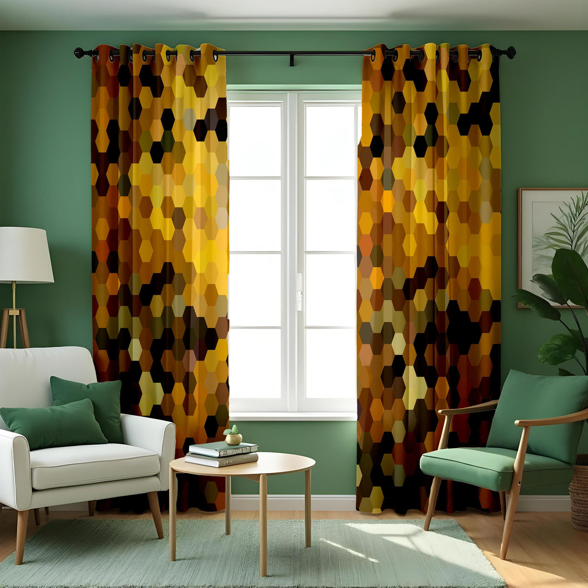 Brown Yellow Hexagon Curtains, Modern Geometric Drapes