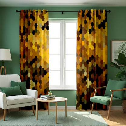 Brown Yellow Hexagon Curtains, Modern Geometric Drapes